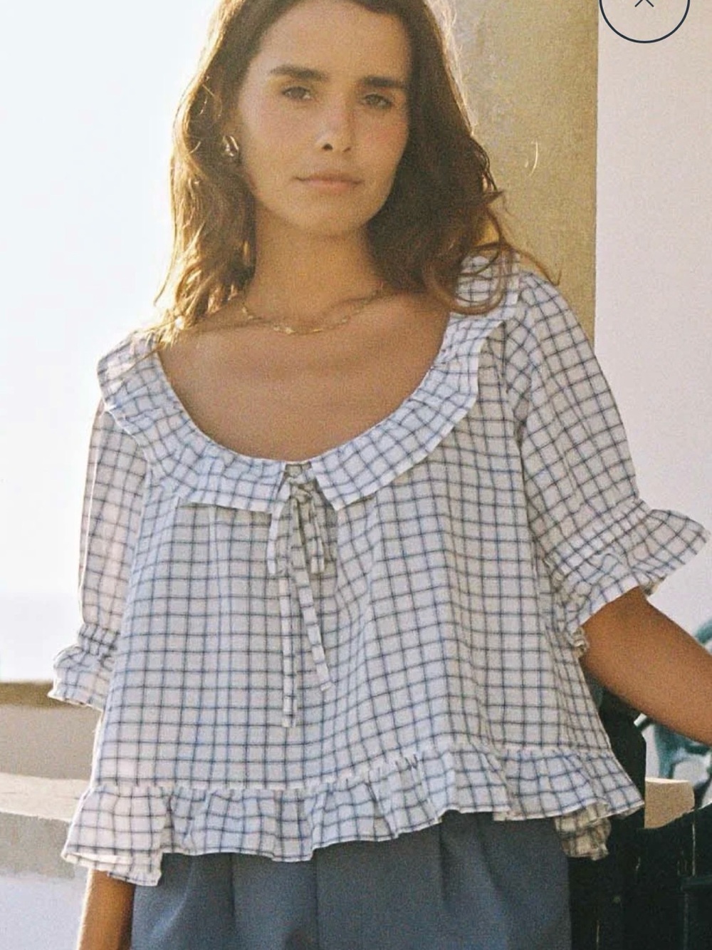 harly jae doll blouse blue check plaid cotton